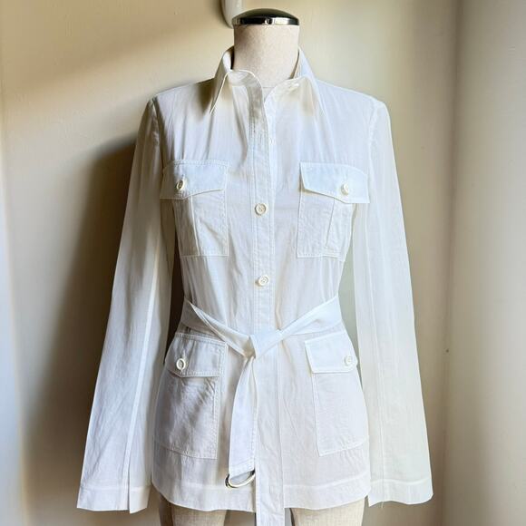 Theory White Sheer Cotton Belted Safari Shirt Jacket Women’s XS - Picture 1 of 8